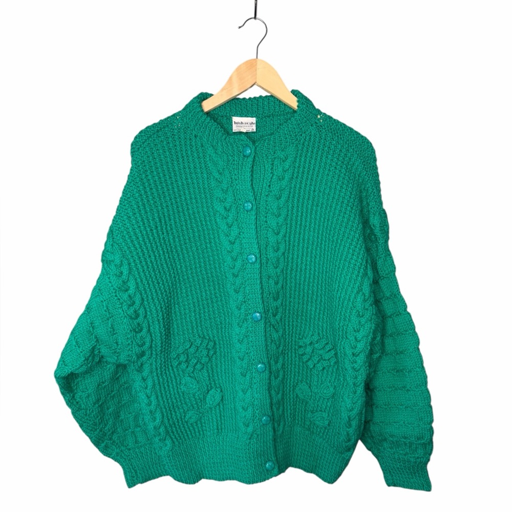 Vintage Irish Style Handknit In Ireland Aran Floral Bauble Cardigan Kelly Green